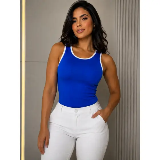 Regata Gola U Tecido Poliamida BabyLook Alça Larga Azul Royal Feminina