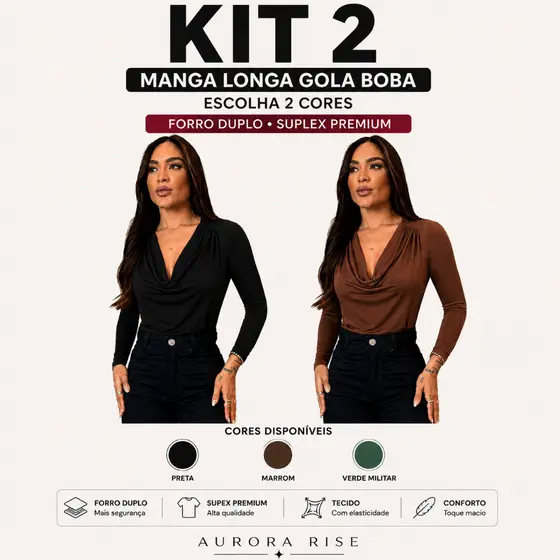 Kit 2 Blusa Gola Boba Manga Longa Feminina Tecido Suplex Premium Ideal Para Trabalho Festa Moda Inverno