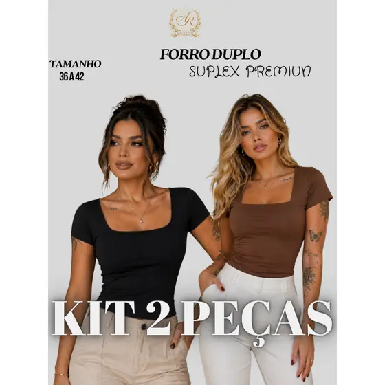Kit 2 Blusas Feminina Baby Look Manga Curta Gola Quadrada Suplex Moda Versátil Blogueira