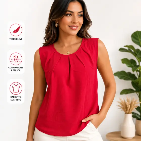 BLUSA FEMININA REGATA DUNA LISA GOLA REDONDA SOLTINHA CONFORTABEL ELEGANTE