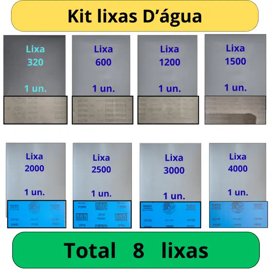 Lixa 320 600 1200 1500 2000 2500 3000 4000 Kit 1 Folha de Cada Grão Funilaria Pintura Plásticos Gr