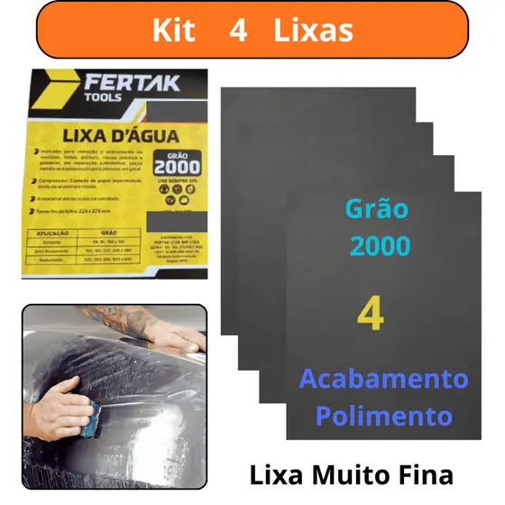 Kit 4 lixas 2000 d'agua Grão Folha Polimento Lixamento Acabamento Superfície Plástico Metal Jogo Gr