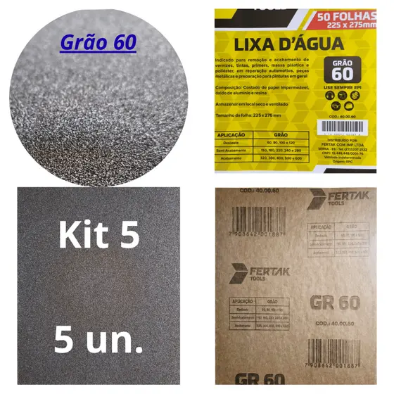 Lixa 60 Kit 5 Folhas Grão D'água Lixamento Grosso Portão Ferrugem Solda Ferro Metal Fibras Desbaste