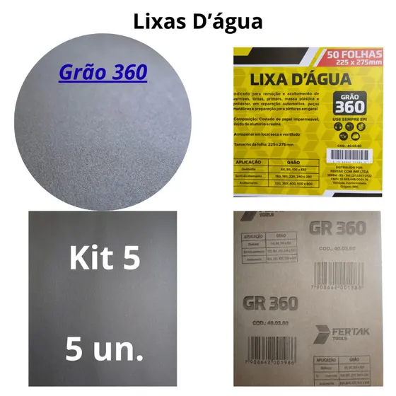 Lixa 360 Kit 5 folhas Grão D'água Lixamento Plástico Metal Fibras Pintura Tinta Madeira Massa