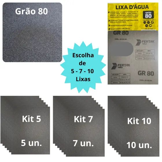 Lixa 80 Kit 5 7 ou 10 Folhas Grão D'água Lixamento Grosso Portão Ferrugem Solda Ferro Metal Fibras
