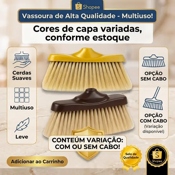 Vassoura para porcelanatos cerdas macias (não risca) - Opção de compra com cabo 1,20 mts