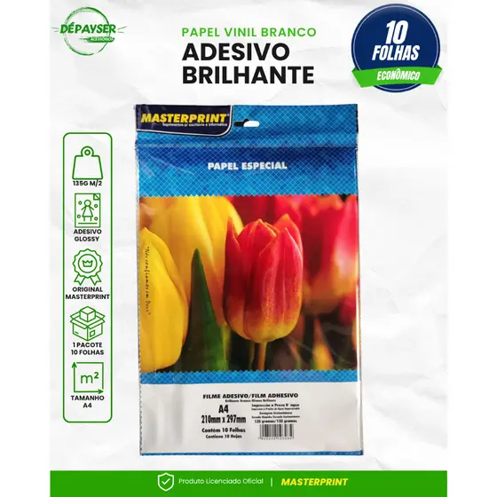 Vinil Adesivo a prova dagua A4 Glossy 135g Branco Brilho Masterprint 10 Folhas Jato de Tinta