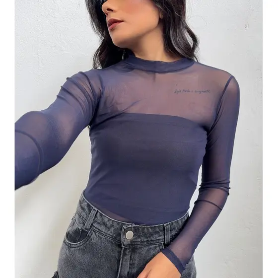 Body Tule Feminino Transparente Manga Langa