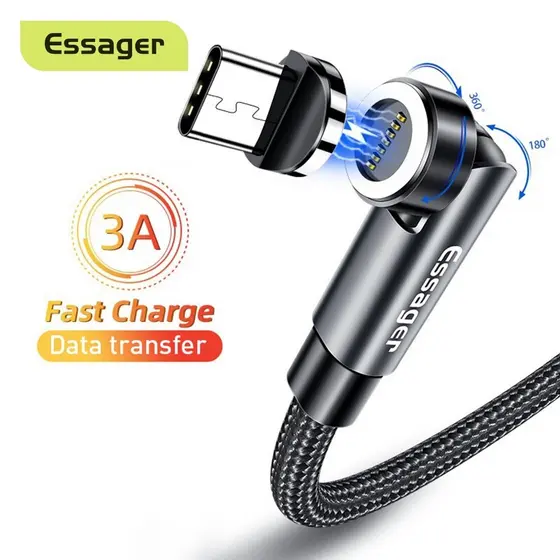 Essager 540 Cabo Magnético Rotativo 3A Tipo C Carregamento Rápido para iP e Xiaomi
