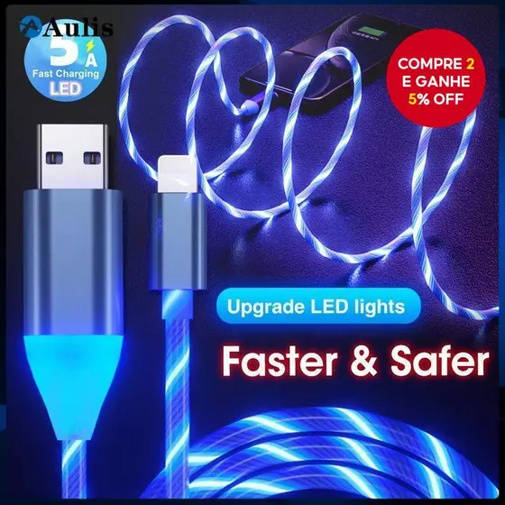 Cabo USB 3A LED Glow 1M-De Carregamento De Luz Fluida Luminosa Para Micro E Tipo C , Dados Rápido