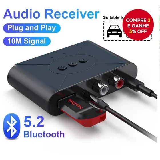 Adaptador de áudio Bluetooth 5.0 com receptor NFC, 3,5 mm, RCA, USB, estéreo e microfone para kit de carro e