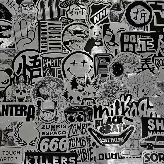 Novo conjunto de 50 peças em estilo metálico, adesivos preto e branco de grafite, legais para DIY de skate, laptop, à