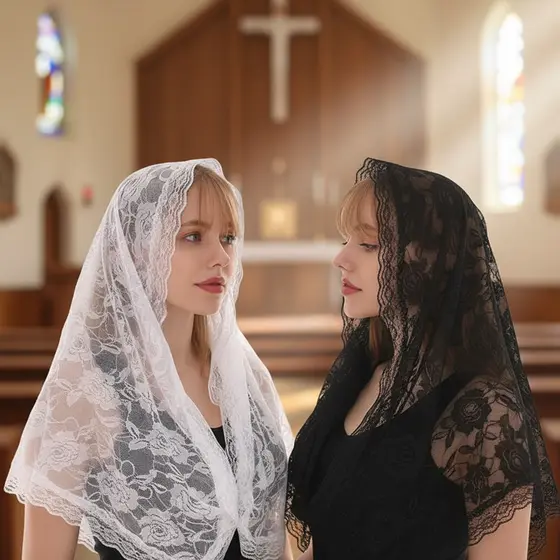 Capela de Mulheres Católicas Véu - Cobertura de Cabeça Elegante de Renda Mantilla para Missa Latina e Oração