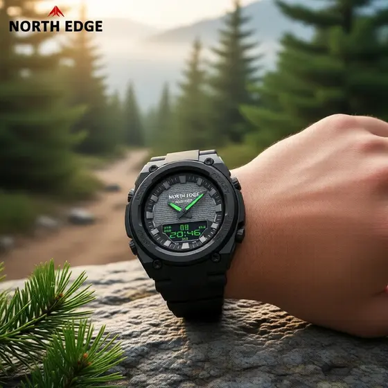 Relógio digital masculino NORTH EDGE FORTRESS 46 mm, resistente à água 50 m, à prova de choques, mostrador duplo,