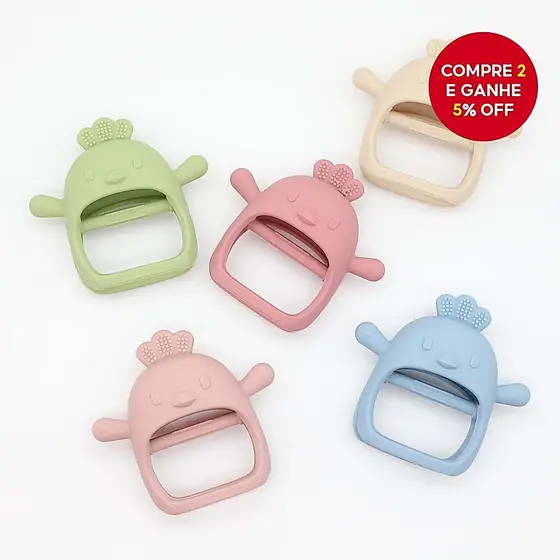 Mordedor de silicone alimentar em forma de galinha cartoon, fácil de segurar e limpar para bebês.