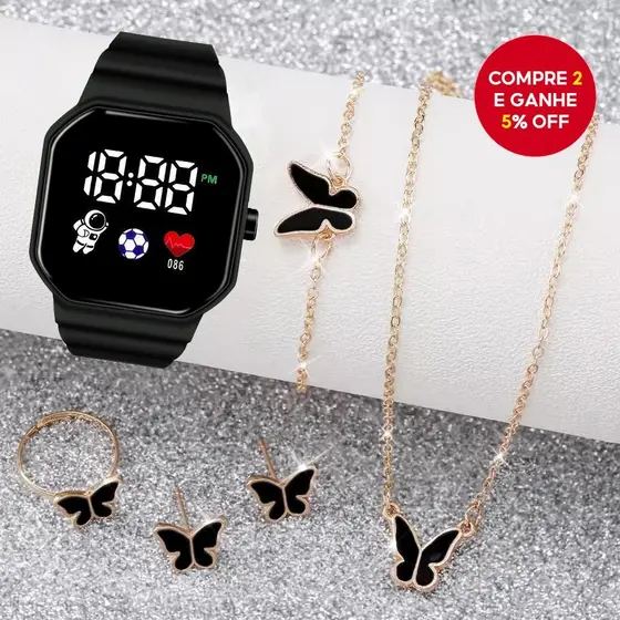 Conjunto de Relógio Digital Feminino Fashion 6PCS - Tela LED, Strap de Silicone, Pulseira de Borboleta e Colar