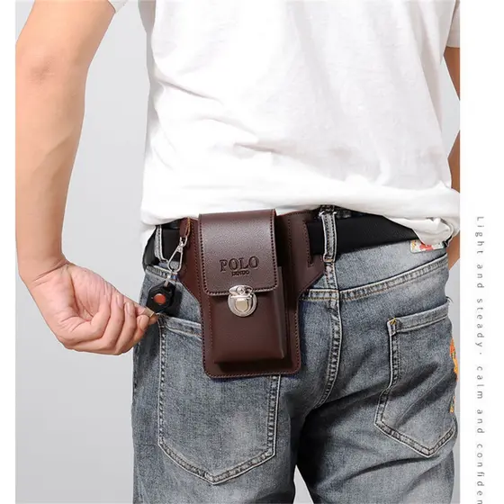 Bolsa de cintura masculina de couro, bolsa de telefone com cinto, tipo vertical, porta-chaves, suporte para cartão,