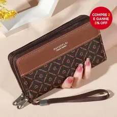 Carteira Feminina Retrô de Couro com Zíper Duplo Bolsa de Mão para Negócios Porta Cartões de Crédito Telefone