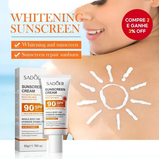 SADOER Protetor Solar Clareador À Prova D'Água Resistente ao Suor Hidratação Duradoura 50g SPF 90+ PA++