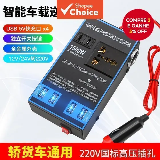 Inversor de potência para carro de 200W, conversor DC de 12V/24V para 110V/220V, com 4 portas USB para carregamento.