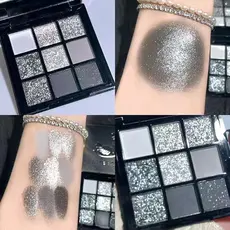 Nova Paleta de Sombras Glitter de 9 Tons - Olho Esfumado Punk Escuro Metalizado em Cinza e Preto para Mulher Estilosa.