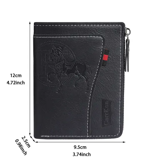 Carteira de Couro Masculina CarrKen Nova Slim com Zíper, Bifold, Multi-Funcional, Porta Cartões em Patchwork para