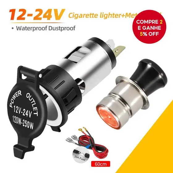 Adaptador Universal para Acendedor de Cigarros do Carro com Soquete Portátil de Energia 12V-24V 120W-250W para Carro,