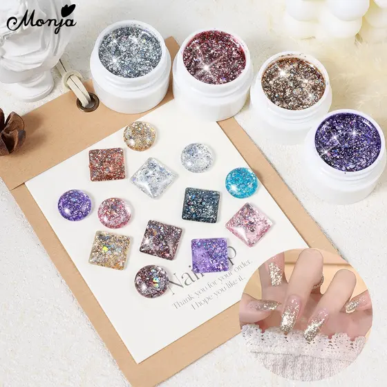 Monja Gel de Glitter para Unhas 5ml - Lantejoulas Disco Brilhante, Verniz UV LED para Manicure DIY.