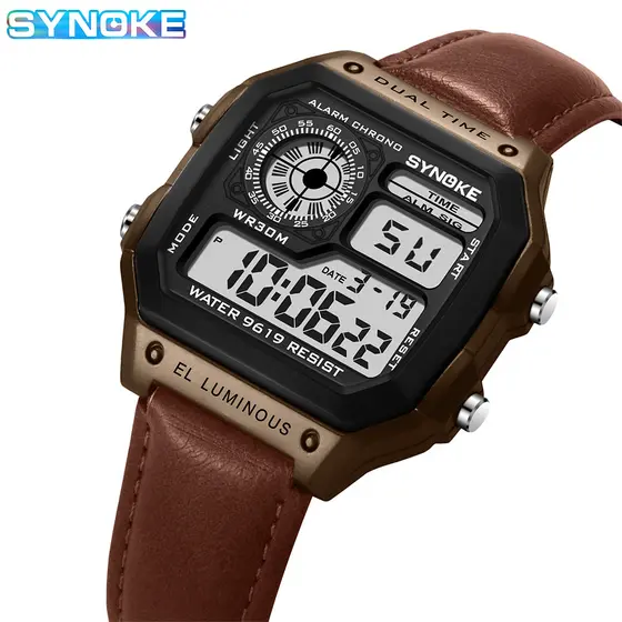 Relógio esportivo masculino SYNOKE com pulseira de couro digital