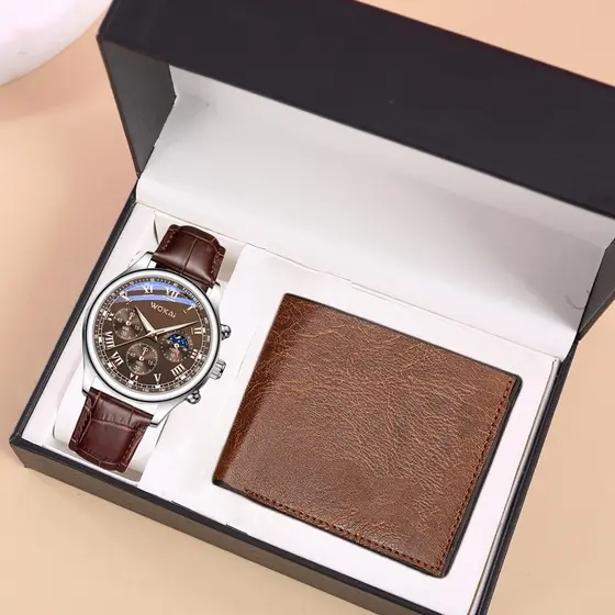 Conjunto De Relógio E Carteira Masculino Kegllect Sem Caixa De Couro Casual De Negócios Presente Para Ele ,