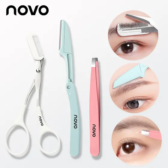 NOVO Kit de 3 Peças para Sobrancelhas, Pinça de Aço Inoxidável, Tesoura com Pente, Navalha para Sobrancelhas,