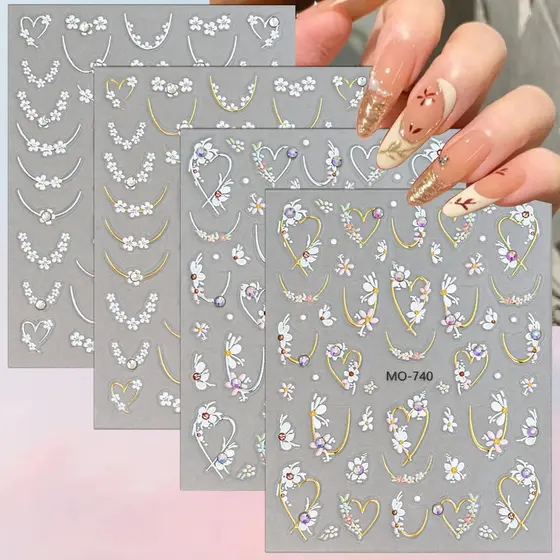 2/4/8 Folhas Adesivos de Arte para Unhas Florais 5D em Formato de Coração, Decalques de Flores Dourado e Prateado com
