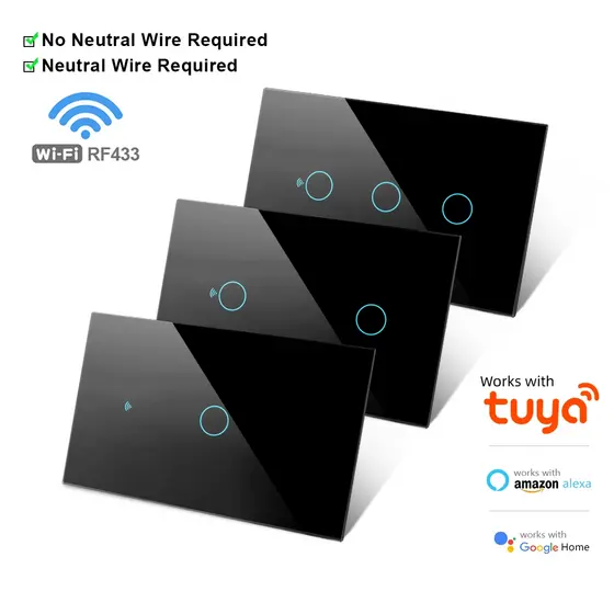  Interruptor de Parede Inteligente WiFi RF433 Funciona com Tuya Sensor de Toque de Fio Neutro Luz LED Google Home
