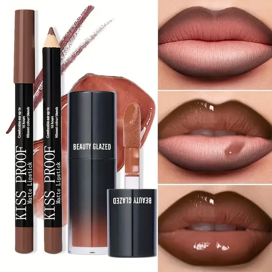 Conjunto Combo de 2 Brilhos Labiais - Marrom + Lápis Labial Grande, Óleo Labial Nude Brilhante Hidratante de Alto