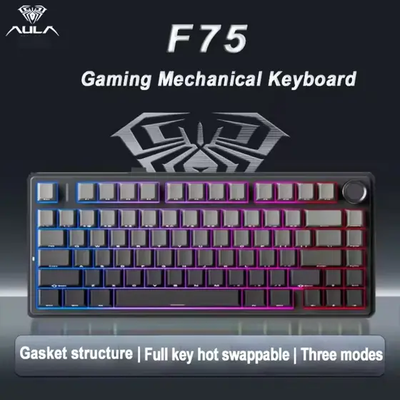 Teclados AULA F75 teclado mecânico com três modos: Bluetooth/2.4G sem fio/com fio, hotswap total, almofada PBT e layout