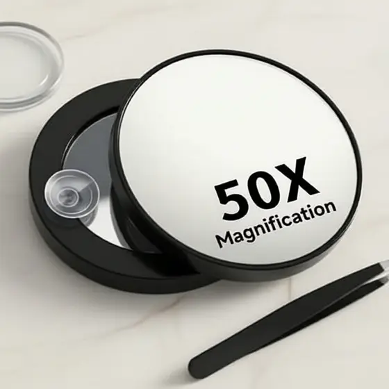 Espelho de Aumento 50x com Base de Sucção e Pinça – Ideal para Maquiagem Detalhada e Remoção de Pelos