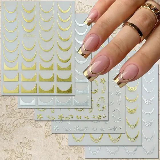 3/6/12 Folhas de Adesivos para Unhas, Arte de Unha Francesa com Pontas Metálicas, Linha Crescente em Relevo para