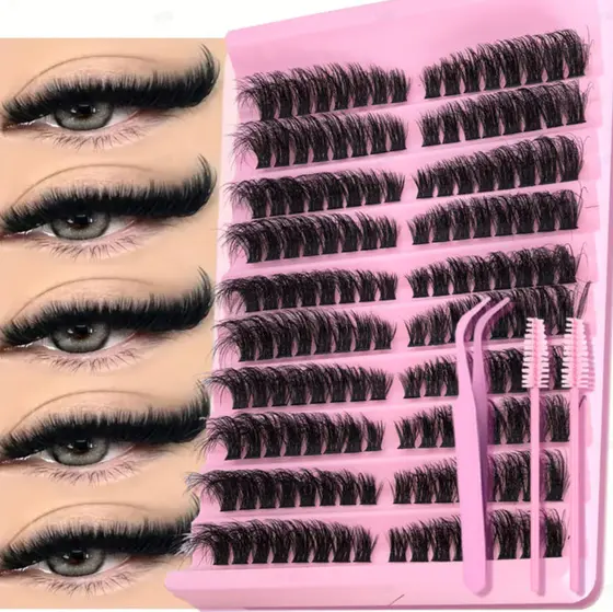 Conjunto de Cílios Postiços Longos Híbridos: Tipo D-Volume, 8-16mm, Natural & Fofos, Reutilizáveis