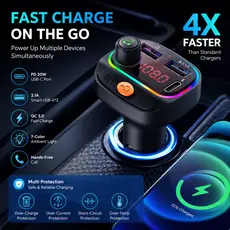 Transmissor FM Bluetooth 5.3 4 Portas USB Carregador De Carro Tipo C PD 250W Carga Rápida