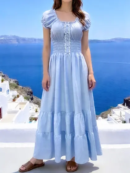 Vestido Maxi Texturizado de Uma Cor | Vestido de Manga Bufante com Gola Quadrada | Vestido Casual de Viscose com Cintura