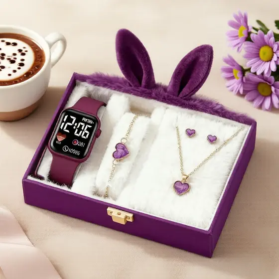 Conjunto de Relógio de Pulso Digital Sweet Heart para Meninas - Presente de Aniversário & Volta às Aulas Perfeito,