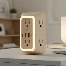 Extensor de Tomada com Protetor contra Picos de Tensão e Luz Noturna: 6 Tomadas AC + 4 Portas USB, Sensor de 3 Níveis,