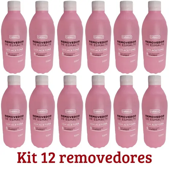 Kit Com12 Removedores de Esmalte Sem Acetona Vitamina E Farmax 500ml
