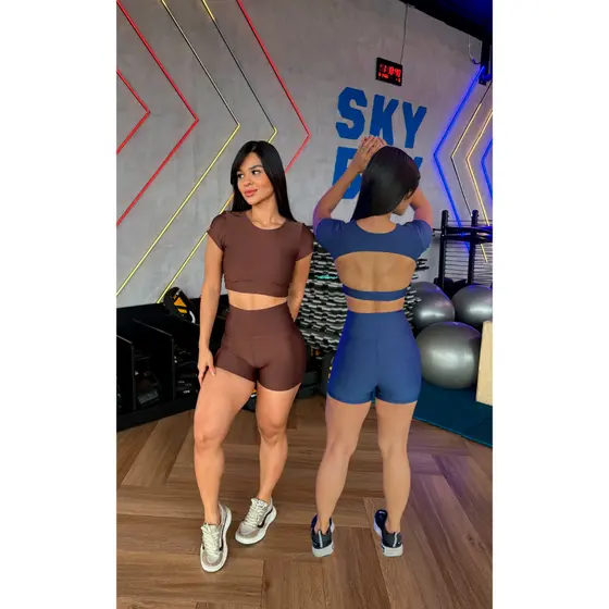 Kit 2 Conjunto Fitness Feminino Cropped com manga Costa Aberta Short de malhar Corrida Crossfit Roupa de Academia