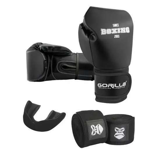 Luva De Boxe Muay Thai 12 Oz Profissional + Bandagem Elástica 3 M + Protetor Bucal Moldável Gorilla