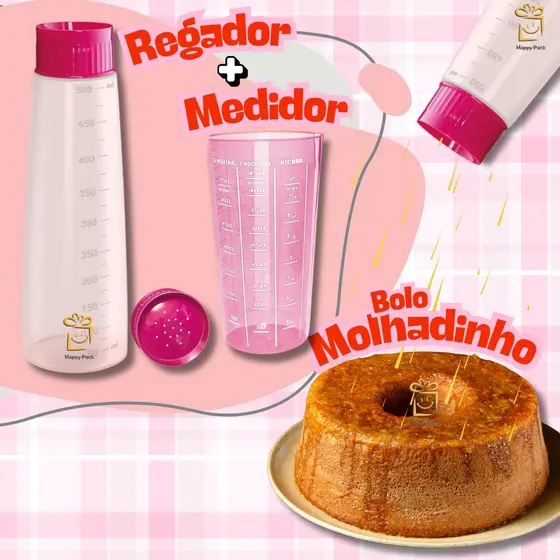 Regador Bolo + Copo Medidor Slice Cake Rosa 570ml Bisnaga Umedecedor de Bolo