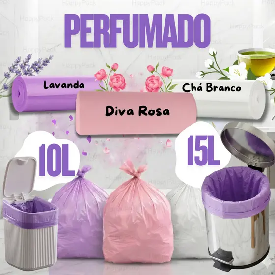 Kit 40 a 160 Sacos de lixo Perfumado Neutralizador Chá Branco Lavanda Diva Rosa