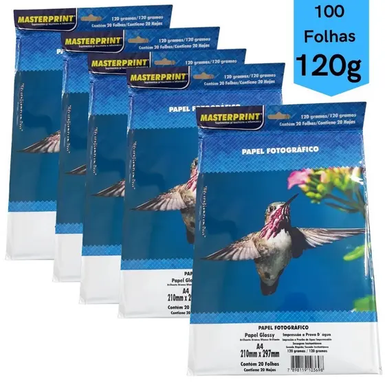 Kit 100 Folhas Papel Fotografico A4 Glossy 120g Masterprint