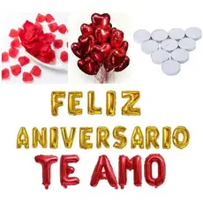 Kit 300 Pétalas + 6 Balões + 6 Velas + Te Amo + Feliz Aniversário