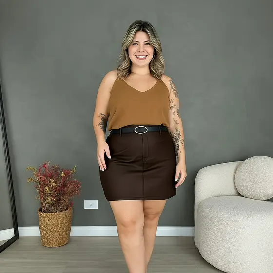 Short Saia Plus Size Couro Com Cinto Casual Saia 360